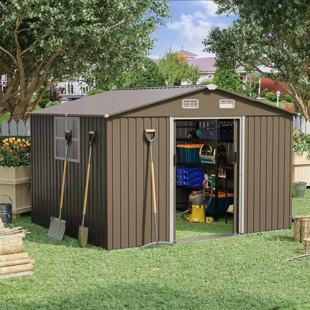 Gardening Tool - 10T x 8T 屋外用金属製収納庫（ロック可能なドア、引き戸、換気口付き）ガーデニングや芝生用具用