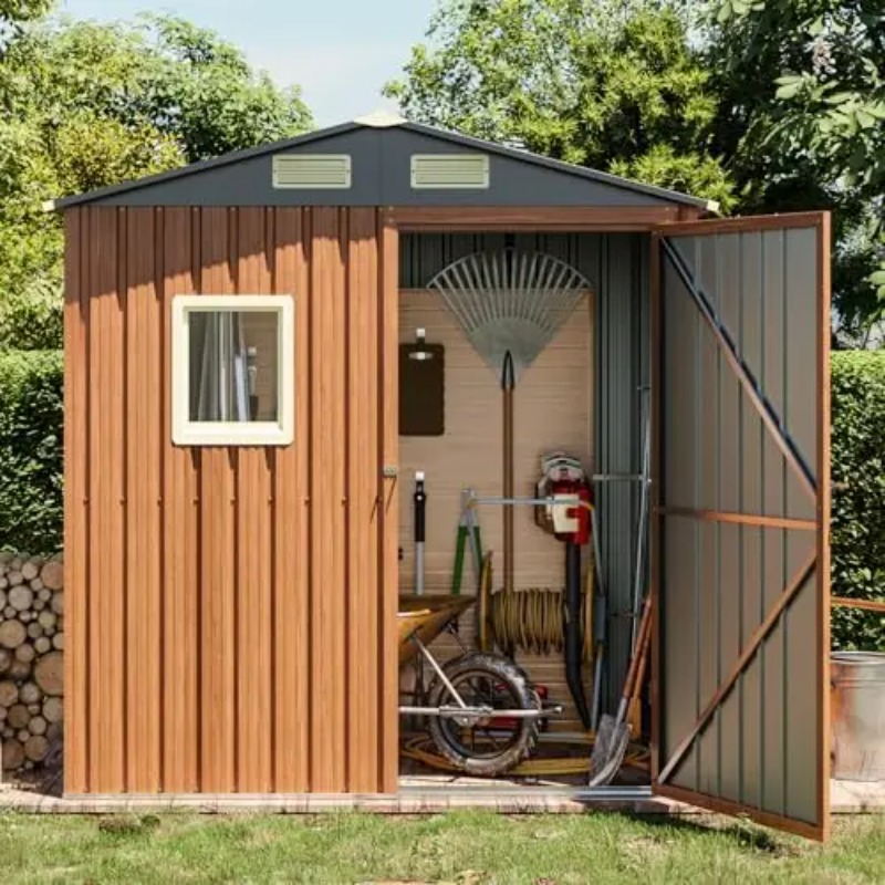 Gardening Tool - 屋外収納庫 6x4フィート、窓付きロック可能な金属製ガーデン小屋、ツール小屋、小型屋外収納庫