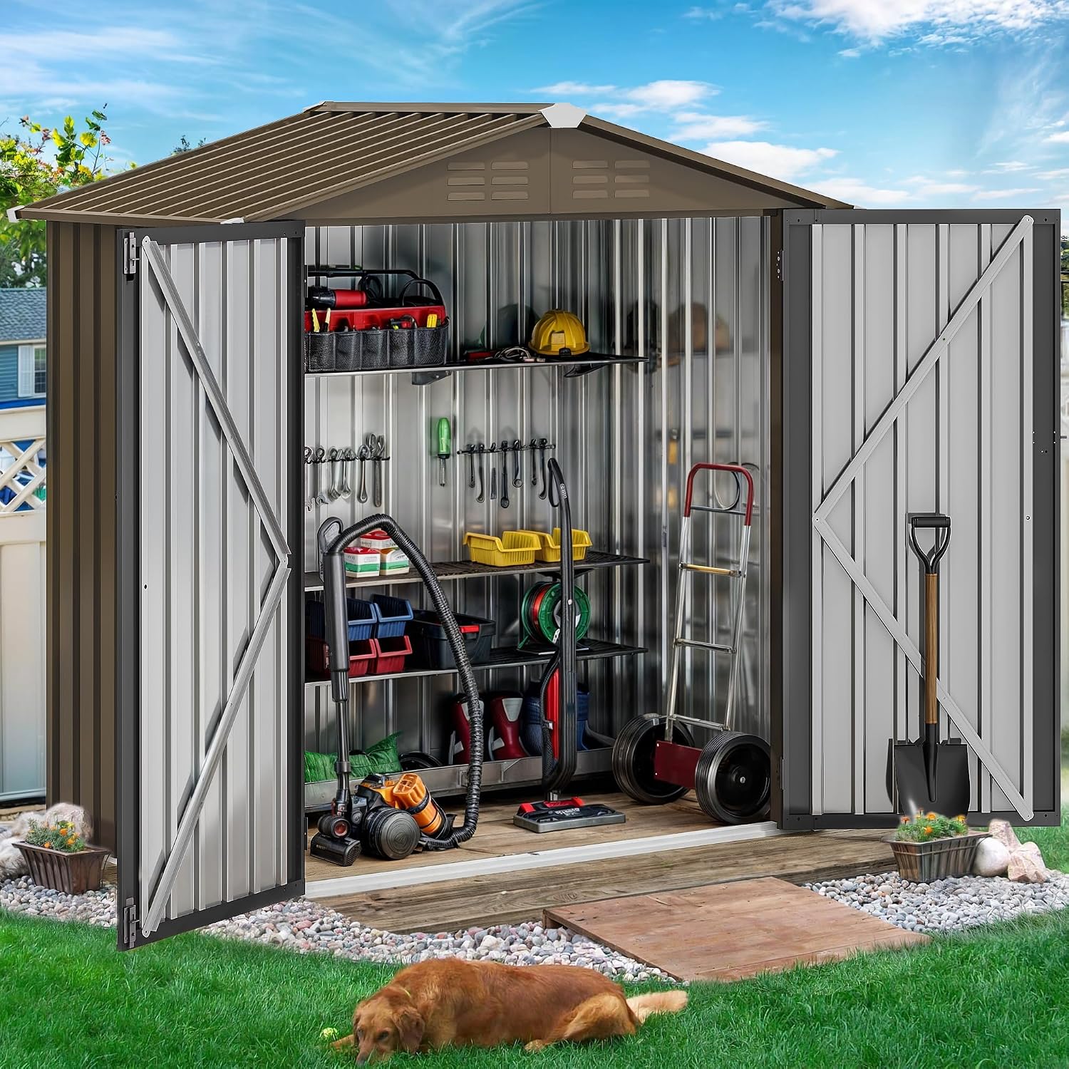 6x4フィートの金属製屋外収納庫、防水ツール小屋、頑丈な収納 - Gardening Tool のレビューと価格