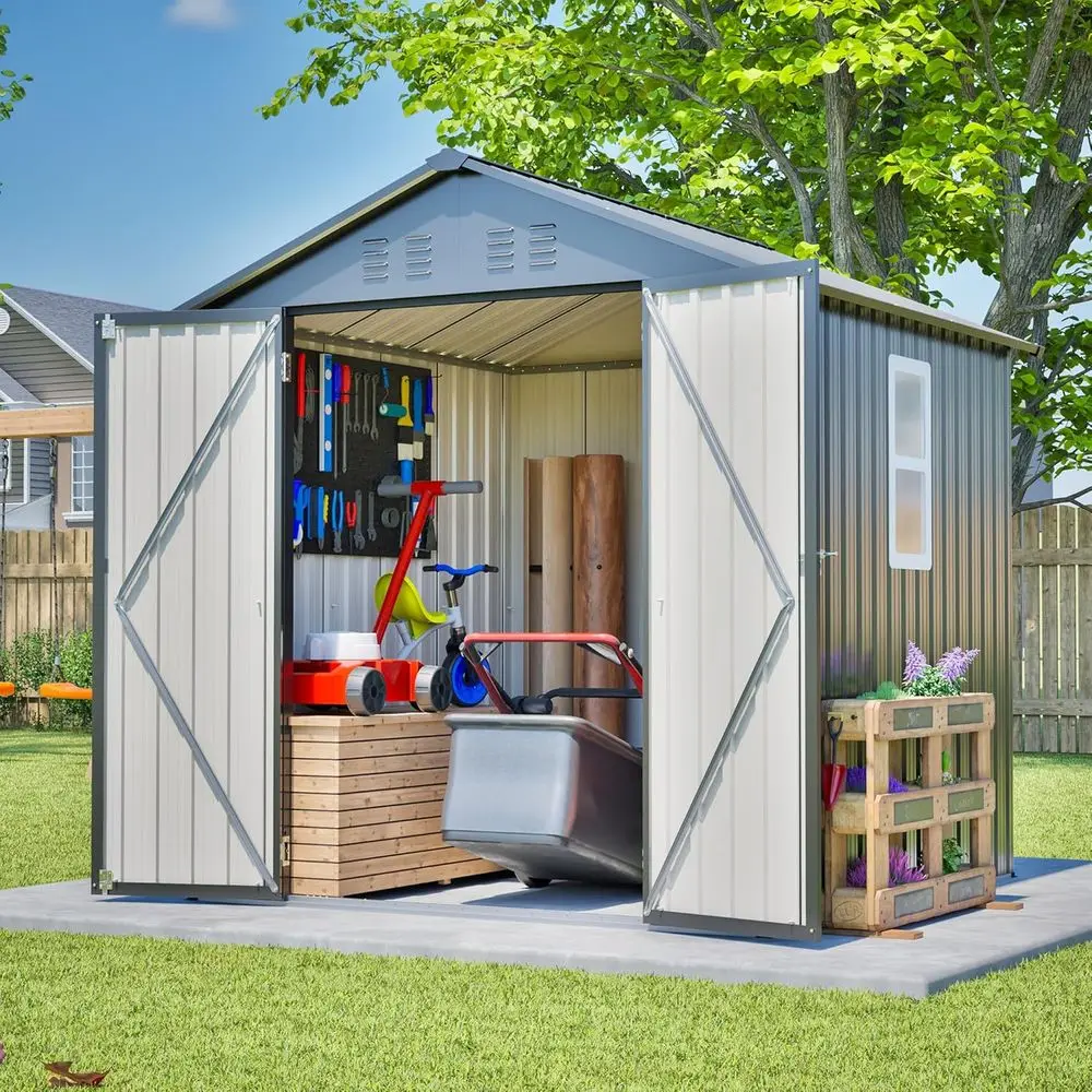 6x6フィートの亜鉛メッキ鋼製屋外収納庫（ロック可能なドア、 - Gardening Tool のレビューと価格