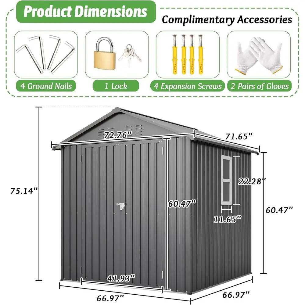 6x6フィートの亜鉛メッキ鋼製屋外収納庫（ロック可能なドア、 - Gardening Tool のレビューと価格